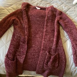 Maroon cardigan with pockets and hood